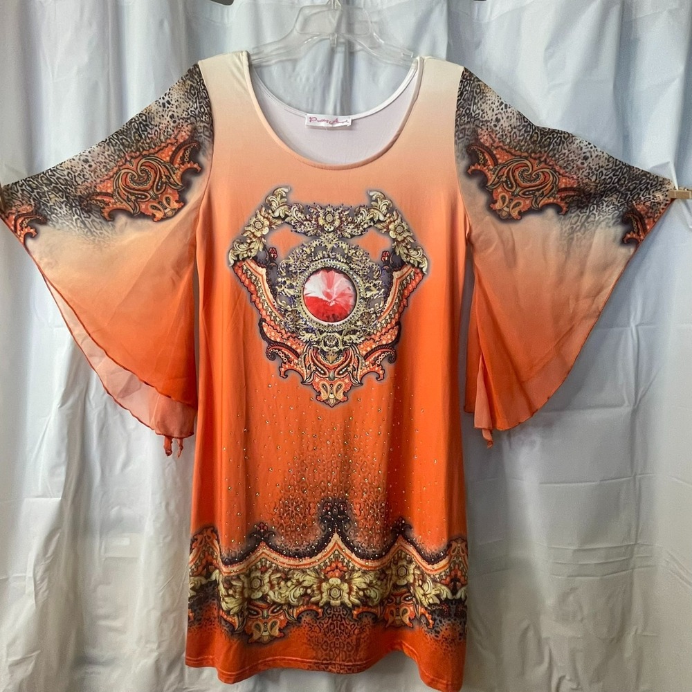 Pretty Angel Women Sz M/L Embellished Tunic Dress Ombre Orange Boho Cottage Y2K